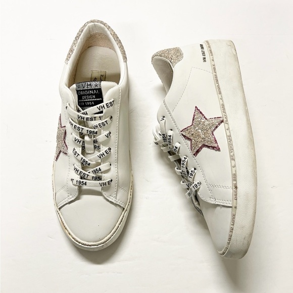 Vintage Havana Shoes - Vintage Havana Womens White Leather Galit Glitter Star Lace Up Sneaker Size 10